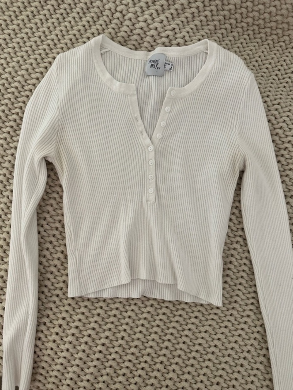 Princess Polly White Ribbed Henley Long Sleeve Top